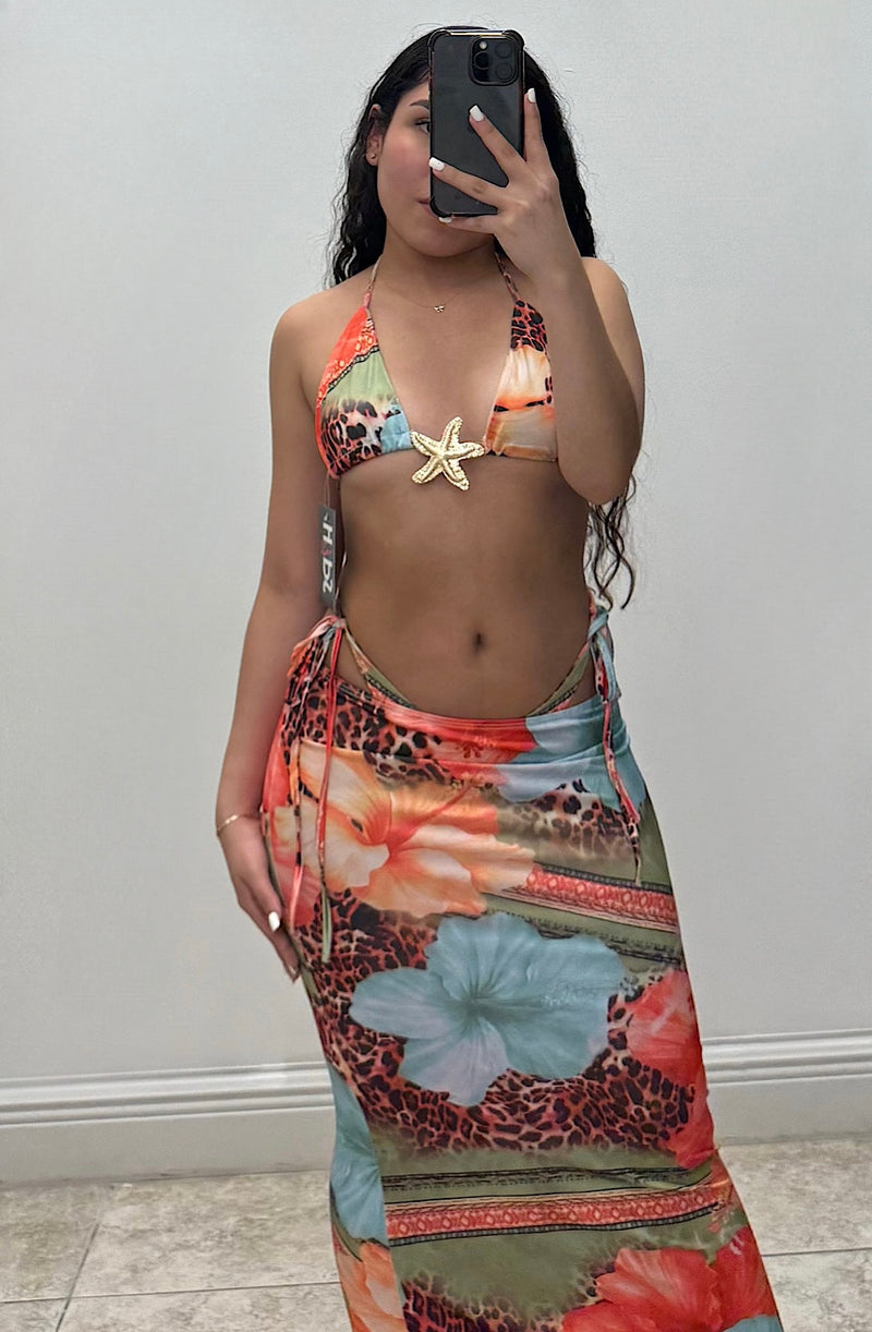 Tropical Starfish Bikini Set with Maxi Skirt