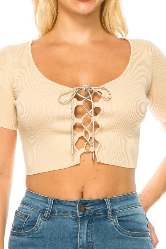Metallic String Tie Crop Top
